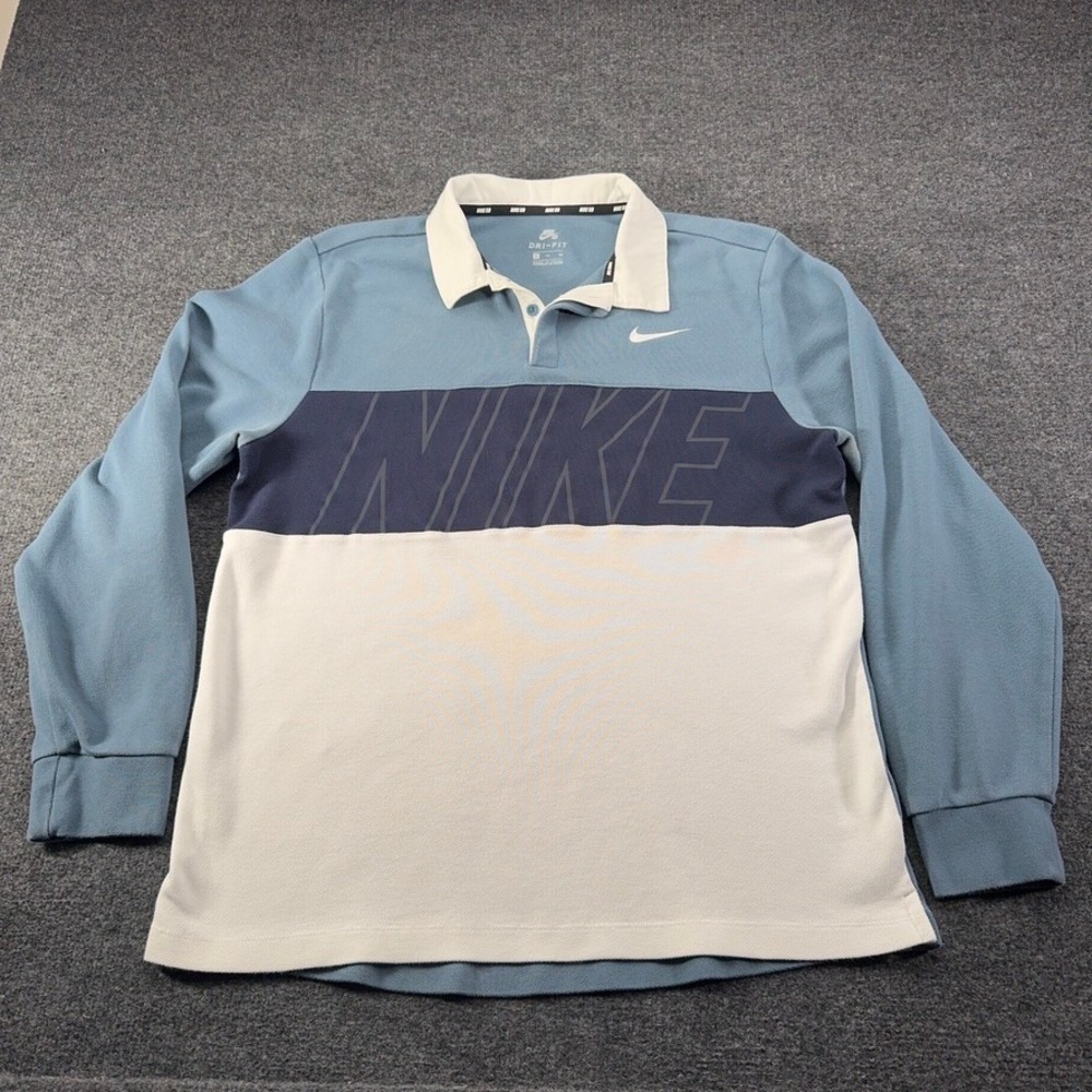 Nike SB Dri-FIT Rugby Shirt Mens XL Blue Navy Colorblock Long Sleeve Polo Top